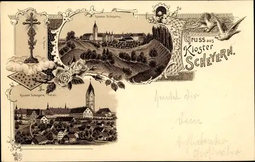 Litho Scheyern in Oberbayern, Kloster Scheyern, Panorama, Kreuz