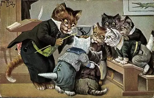 Künstler Ak Thiele, Arthur, Anschauungsunterricht, Schulklasse, vermenschlichte Katzen
