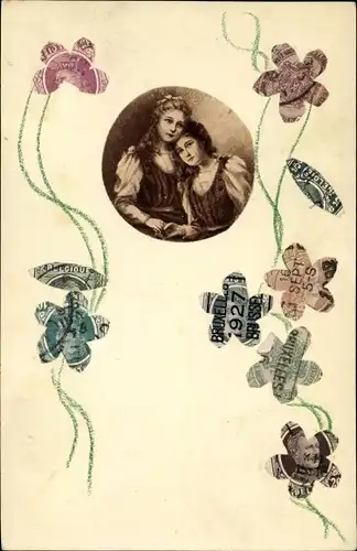 Briefmarken Ak Mädchenportrait, zwei junge Frauen, Blüten