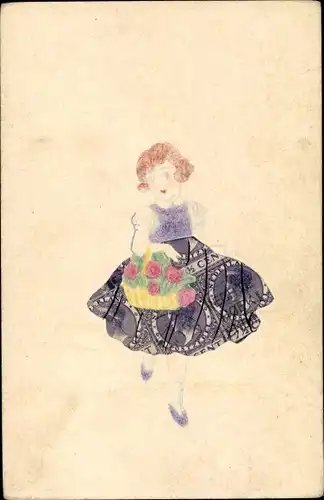 Briefmarken Handgemalt Ak Mädchen mit Blumenkorb