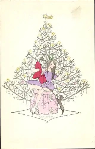 Künstler Ak Köhler, Mela, Frohe Weihnachten, Mädchen mit Puppe, Hund, Tannenbaum
