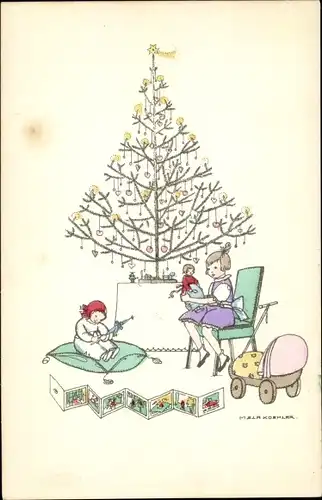Künstler Ak Köhler, Mela, Frohe Weihnachten, Mädchen mit Puppe, Spielzeug, Tannenbaum
