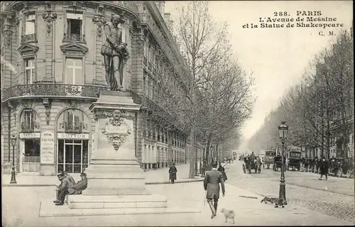 Ak Paris VIII., Avenue de Messine et la Statue de Shakespeare