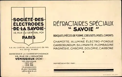 Ak Paris VIII., Societe des Electrodes de la Savoie, Rue du General Foy, Reklame