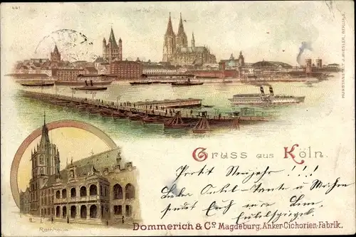 Litho Köln am Rhein, Rathaus, Rheinblick mit Pontonbrücke und Dom