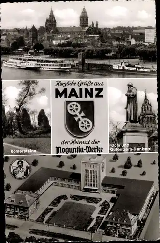 Ak Mainz in Rheinland Pfalz, Moguntia Werke Vogelschau, Dom, Gutenberg-Denkmal, Römersteine, Rhein