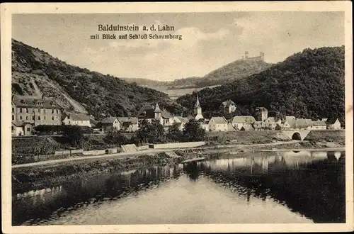 Ak Balduinstein an der Lahn, Blick auf Schloss Schaumburg, Flusspartie