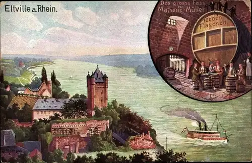 Ak Eltville am Rhein Hessen, Das große Fass von Matheus Müller, Dampfer, Rheinpanorama