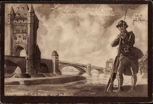 Künstler Ak Bridge, Joe, Worms am Rhein, Le Pont sur le Rhin, Infanterist