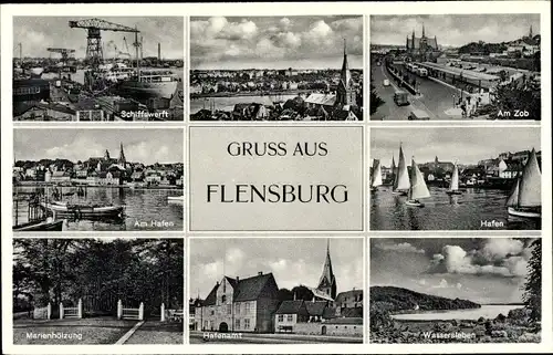 Ak Flensburg in Schleswig Holstein, Schiffswerft, Kran, Hafen, Hafenamt, Marienhölzung