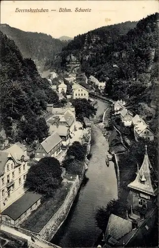 Ak Hřensko Herrnskretschen Elbe Region Aussig, Ortsansicht, Blick ins Tal