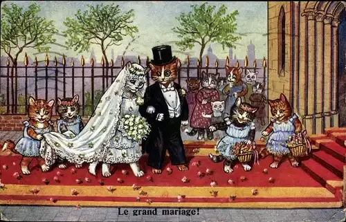 Künstler Ak Le grand mariage, Vermenschlichte Katzen, Hochzeit