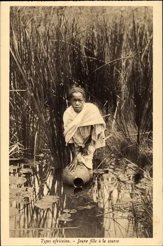 Ak Types africains, jeune filla à la source