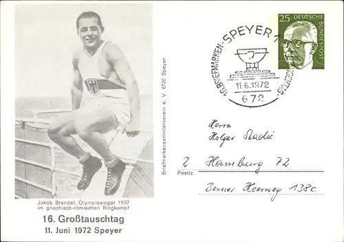 Ganzsachen Ak Jakob Brendel, Olympiasieger 1932 im griech. röm. Ringkampt, 16. Großtauschtag 1972