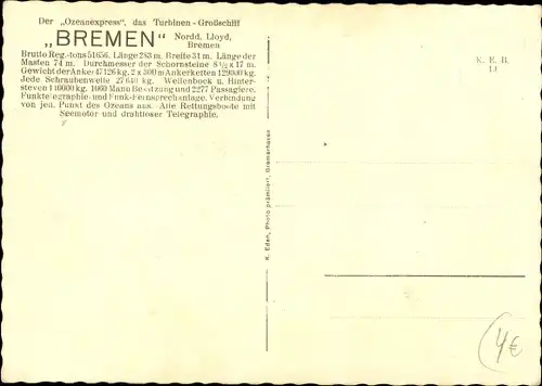 Ak Norddeutscher Lloyd Bremen, Schnelldampfer Bremen