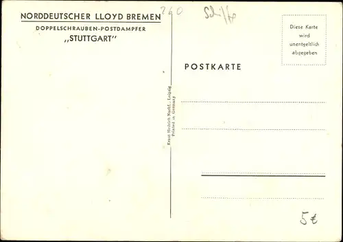 Künstler Ak Dampfer Stuttgart, Norddeutscher Lloyd Bremen, Doppelschraubendampfer