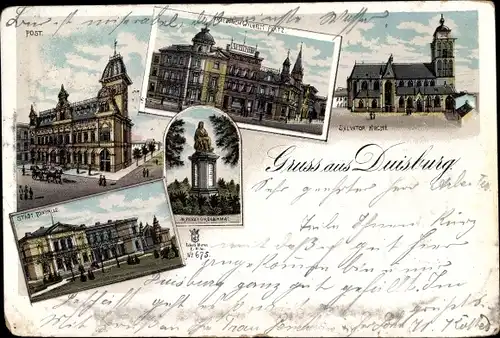 Litho Duisburg im Ruhrgebiet, Friedrich Wilhelm Platz, Post, Tonhalle, Merkator Denkmal, Kirche