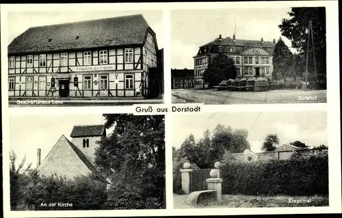 Ak Dorstadt Kr. Wolfenbüttel, Geschäftshaus Lenz, Gutshof, Kirche, Ehrenmal