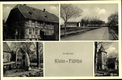 Ak Klein Flöthe in Niedersachsen, Ehrenmal, Kirche, Straßenansicht, Geschäftshaus Homann