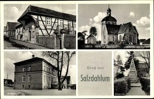 Ak Salzdahlum Wolfenbüttel in Niedersachsen, Geschäftshaus Hahne, Kirche, Gutshof, Ehrenmal