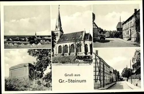 Ak Groß Steinum Königslutter am Elm, Kirche, Straßenpartie, Kriegerdenkmal