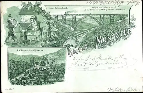 Litho Solingen Nordrhein Westfalen, Müngstener Brücke, Zwerge am schmieden, Wupperbrücke, Restaurant