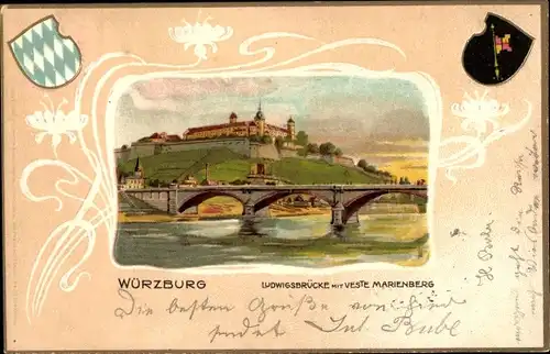 Präge Jugendstil Litho Würzburg am Main Unterfranken, Ludwigsbrücke, Veste Marienberg