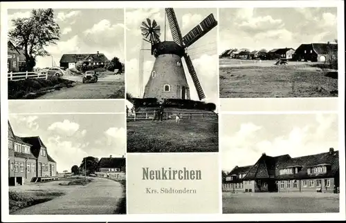 Ak Neukirchen Nordfriesland, Windmühle, Straßenpartie, Auto, Häuser