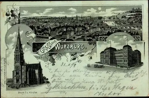 Mondschein Litho Würzburg am Main Unterfranken, Neue Ev. Kirche, Universität, Gesamtansicht