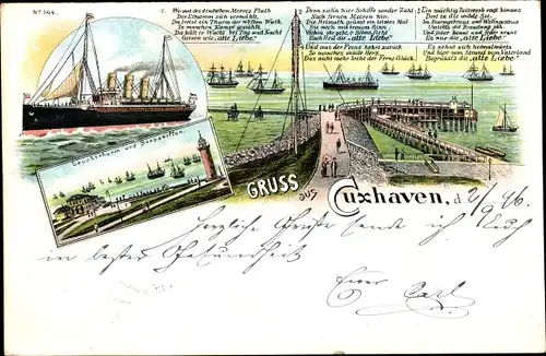 Litho Nordseebad Cuxhaven, Schiff Alte Liebe, Leuchtturm, Seepavillon, Hafenbild, Gedicht
