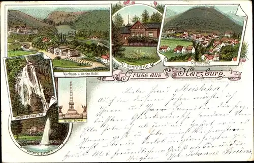 Litho Bad Harzburg am Harz, Kurhaus, Actien Hotel, Sennhütte, Panorama, Radauwasserfall