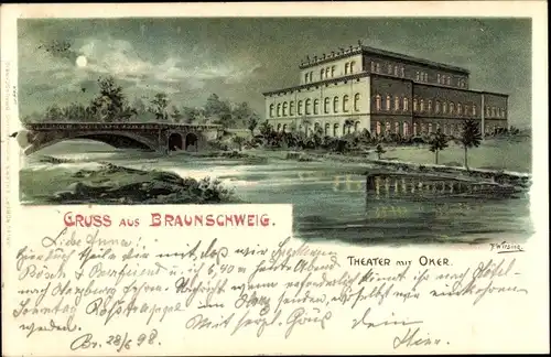 Mondschein Künstler Litho Wirsing, F.,  Braunschweig in Niedersachsen, Theater mit Oker