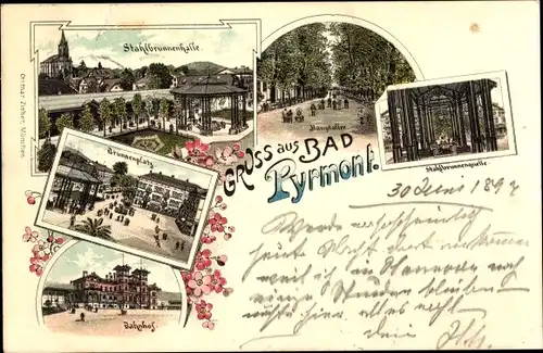 Litho Bad Pyrmont, Stahlbrunnenhalle und -Quelle, Hauptallee, Bahnhof Straßenseite