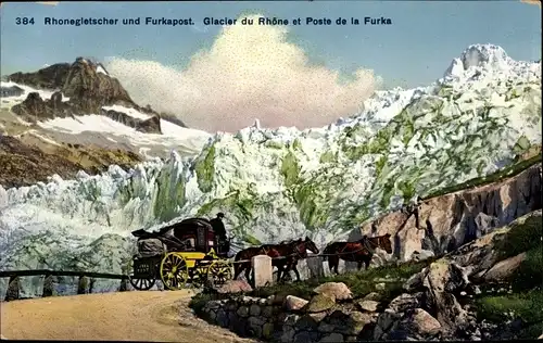 Ak Kanton Wallis Schweiz, Rhonegletscher und Furkapost, Glacier du Rhone, Postkutsche