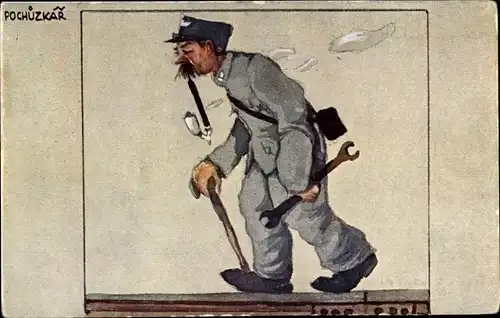 Künstler Ak Schrabal, E., Zeleznicari, Pochuzkar, rauchender Bahnbeamter mit Schraubenschlüssel