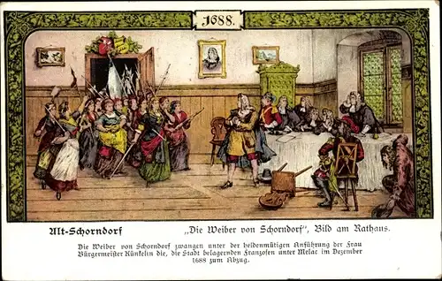 Künstler Ak Schorndorf in Württemberg, Die Weiber von Schorndorf 1688, Bild am Rathaus