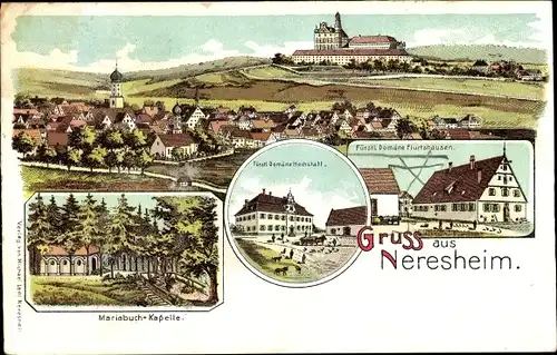 Litho Neresheim Baden Württemberg, Mariabuch Kapelle, Totalansicht, Domäne Flurtshausen, Hochstatt