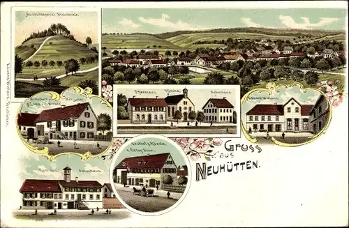 Litho Neuhütten Wüstenrot Baden Württemberg, Gasthof zum Rössle, Eduard Wieland, Schulhaus