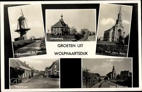 Ak Wolphaartsdijk Zeeland, Korenmolen De Hoop, Julianaweg, Ned. Herv. Kerk, Lepelstraat, Paperweg