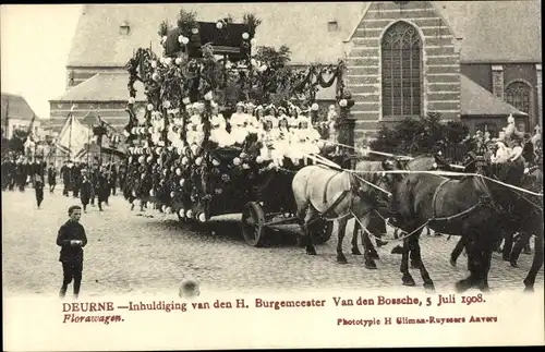 Ak Deurne Antwerpen Flandern, Inhuldiging van den H. Burgemeester Van den Bossche, Florawagen