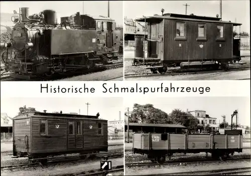 Ak Historische Schmalspurfahrzeuge, Lok 99715, Personenwagen, Postwagen, offener Güterwagen