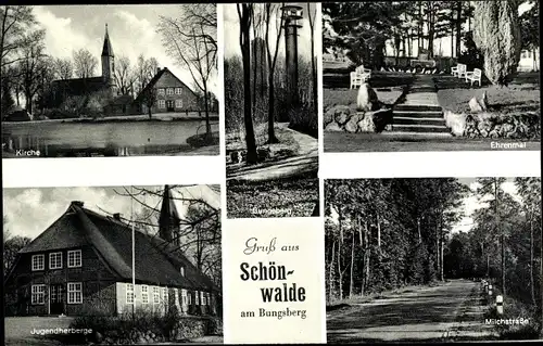 Ak Schönwalde am Bungsberg in Ostholstein, Kirche, Ehrenmal, Milchstraße, Jugendherberge