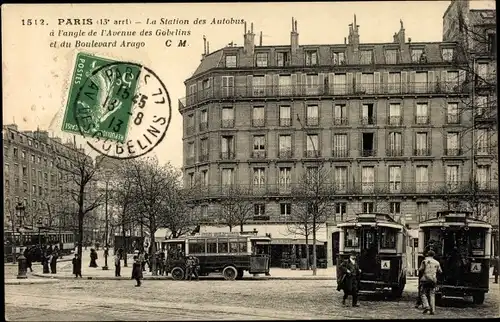 Ak Paris XIII, La Station de l'Autobus, Avenue des Gobelins, Boulevard Arago