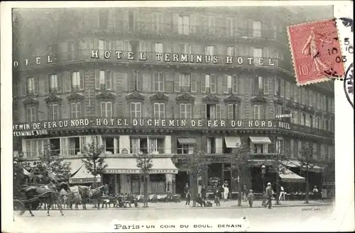 Ak Paris X., un coin du Boulevard Denain, Hotel Terminus, Hotel du Chemin de Fer du Nord