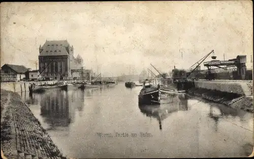 Ak Worms am Rhein, Hafenpartie