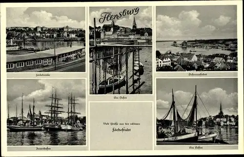 Ak Flensburg, Blick auf den Hafen und die Fördebrücke