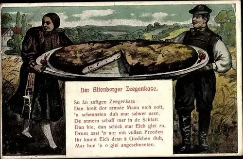 Ak Altenburg in Thüringen, Der Altenburger Ziegenkäse, Paar präsentiert Käse, Gedicht