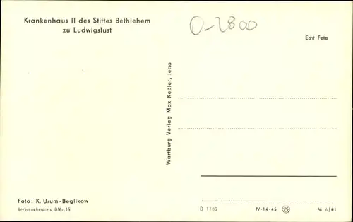 Ak Ludwigslust in Mecklenburg, Krankenhaus II des Stiftes Betlehem