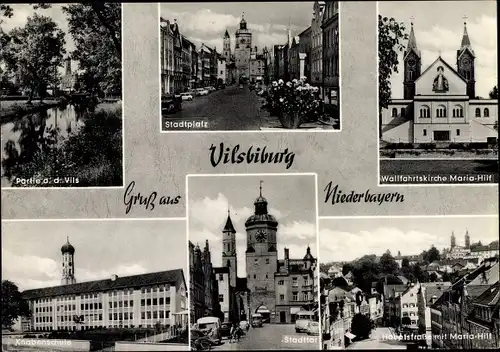 Ak Vilsbiburg in Niederbayern, Wallfahrtskirche Maria Hilf, Stadttor, Knabenschule, Vilspartie