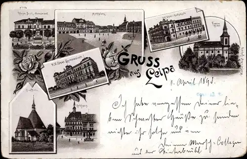 Litho Lípa Leipa Reg. Königgrätz, Marktplatz, Obergymnasium, Frauenkirche, Rathaus, Kreuzkirche